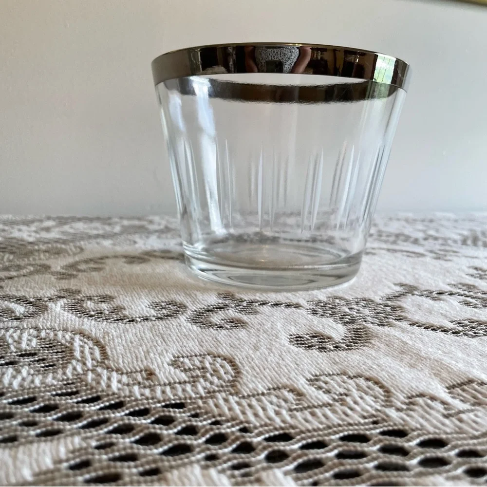 Vintage Mid-Century Modern Small Ice Bucket Barware Glass Cut Silver Rim